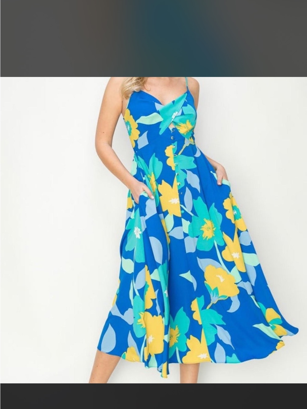 HYFVE Blue Floral Midi Dress with Yellow & Teal Accents